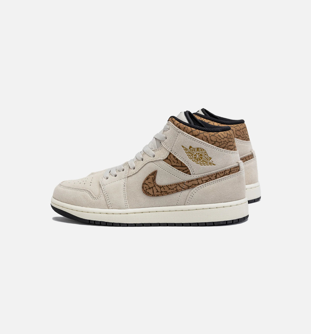 Air Jordan 1 Retro Mid SE Brown Elephant Mens Lifestyle Shoe Light Orewood Brown Metallic Gold