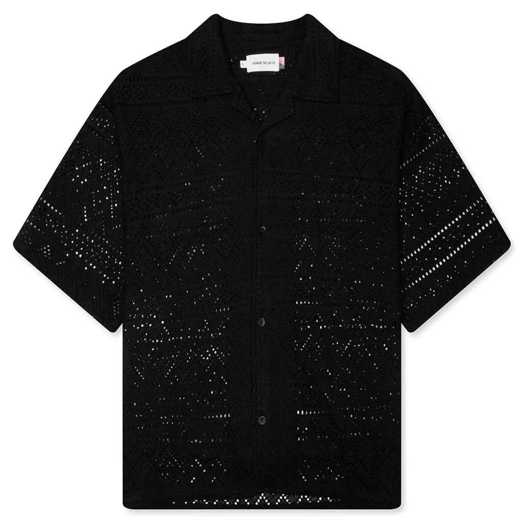 Pointelle Crochet Camp Collar Black