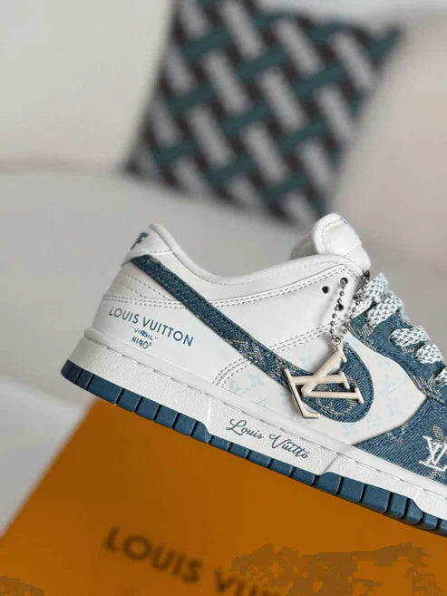 Louis Vuitton LV x Nike SB Dunk Low White Blue Denim Monogram Sneaker