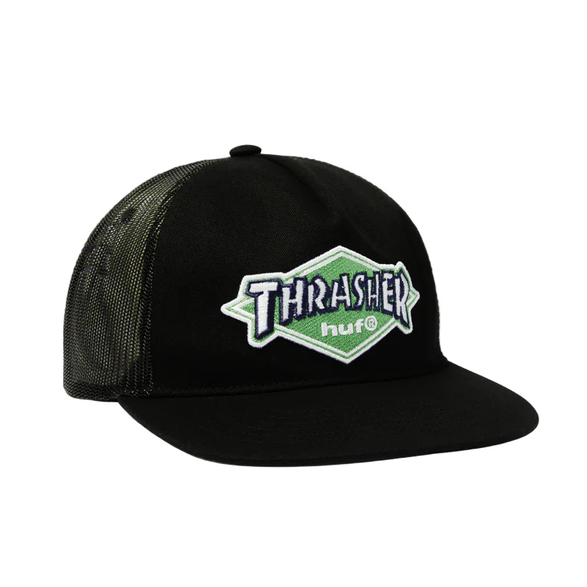 Huf x Thrasher Logo Twill Trucker Hat Black