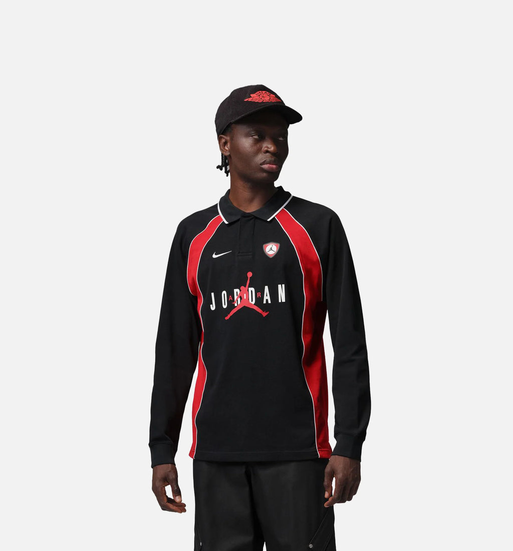 Jordan Flight Lng Sleeve Polo Mens Jersey Black University Red University Red