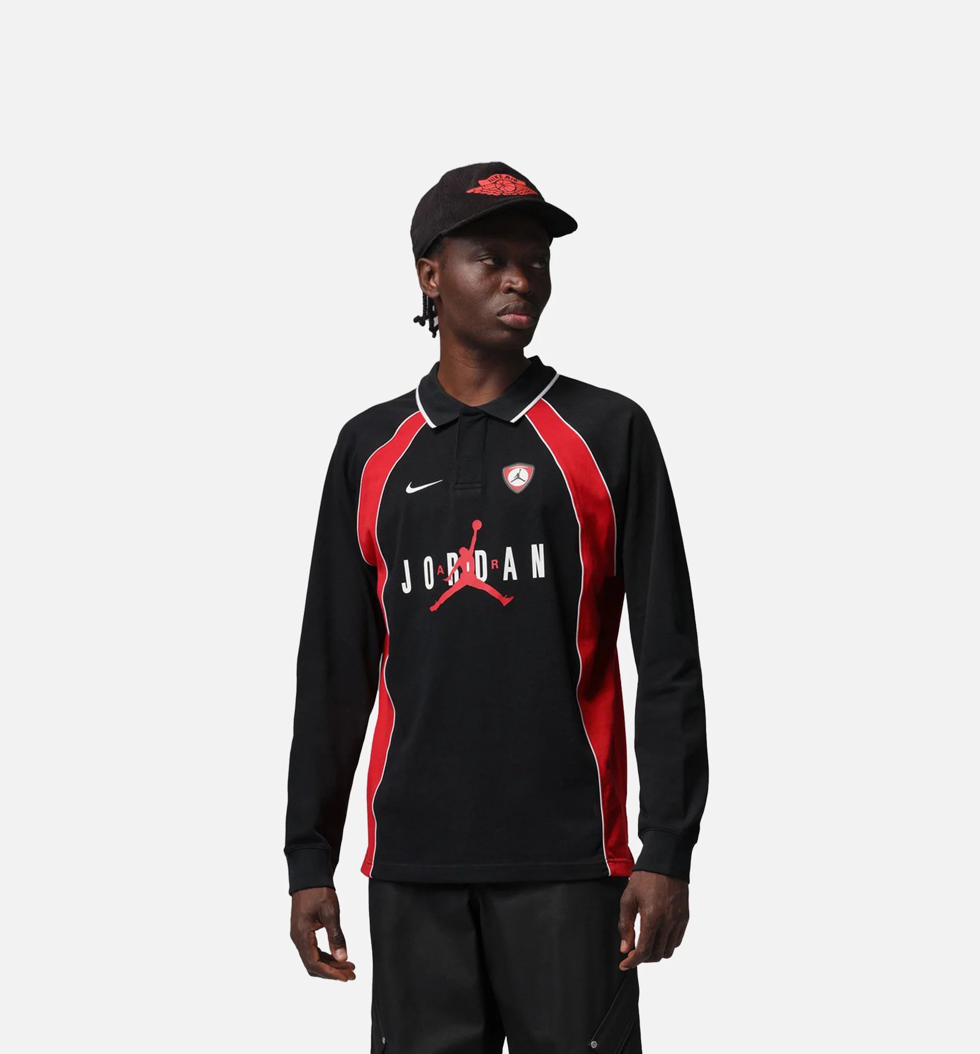 Jordan Flight Lng Sleeve Polo Mens Jersey Black University Red University Red