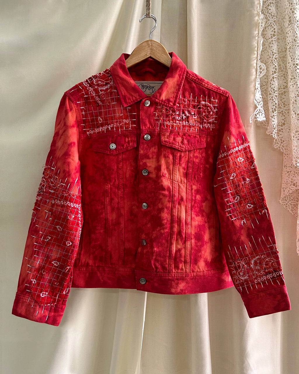 Just A Patchwork Red Denim Jacket HG x Just A Karigar