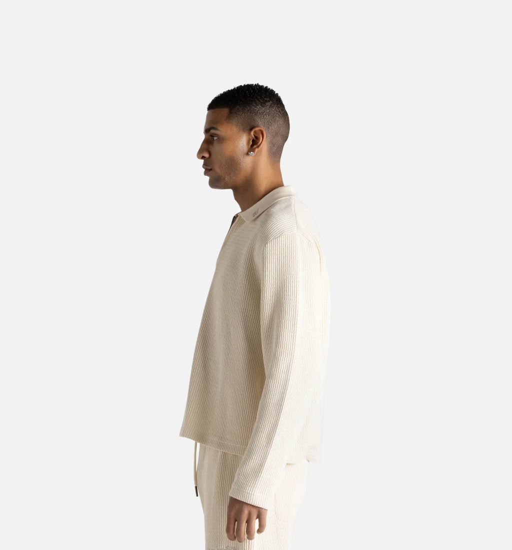 Wavy Knit Polo Mens Long Sleeve Bone