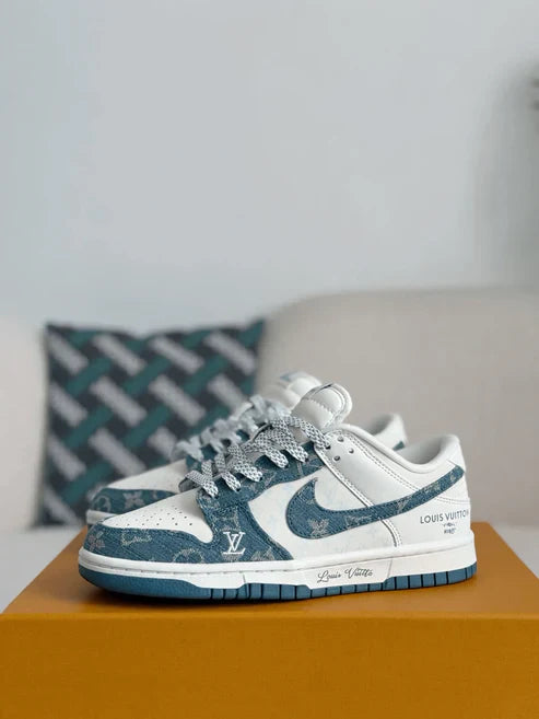 Louis Vuitton LV x Nike SB Dunk Low White Blue Denim Monogram Sneaker