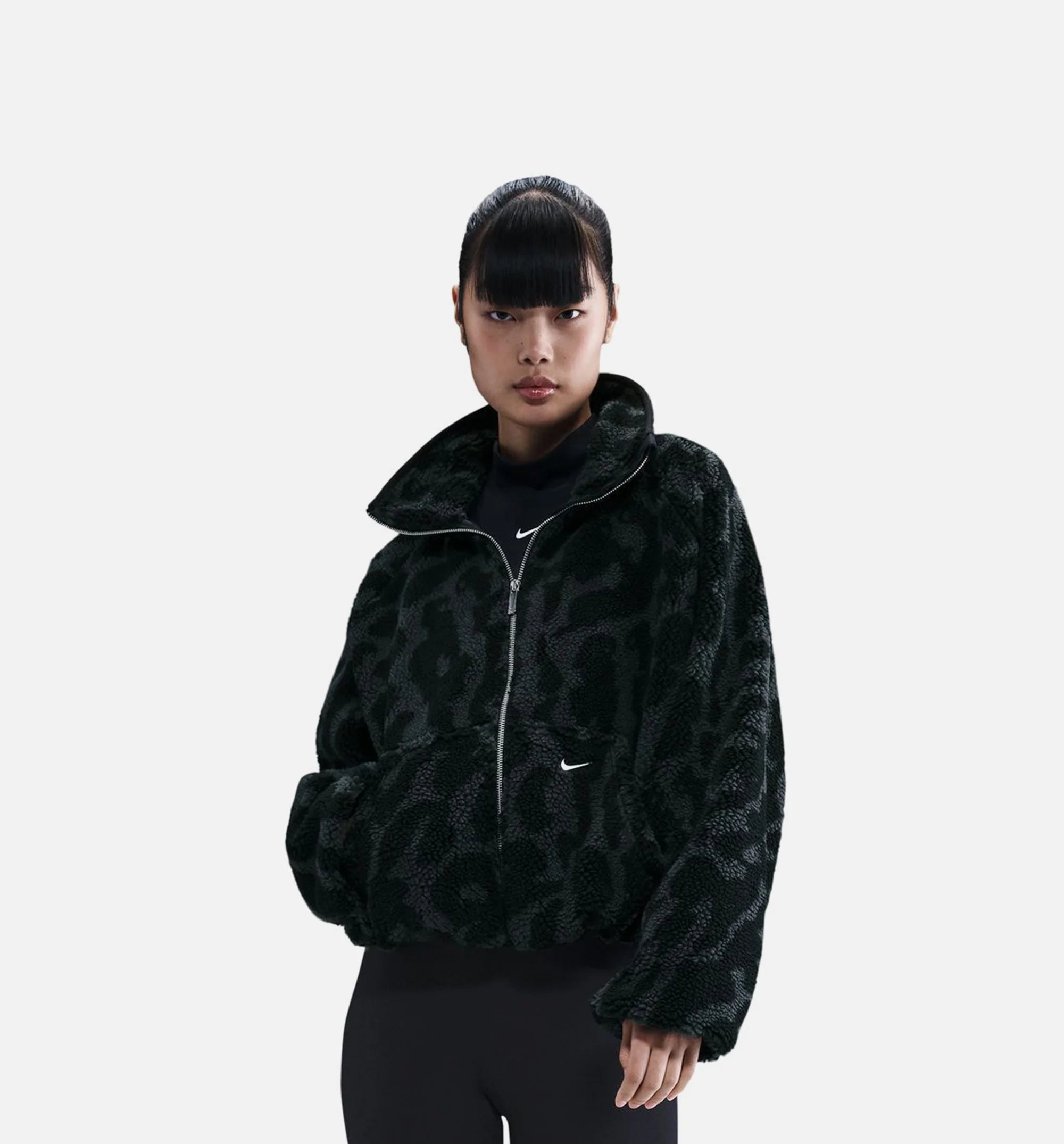 NSW High Pile Cheetah Fleece Zip Up Mens Jacket Black Sail