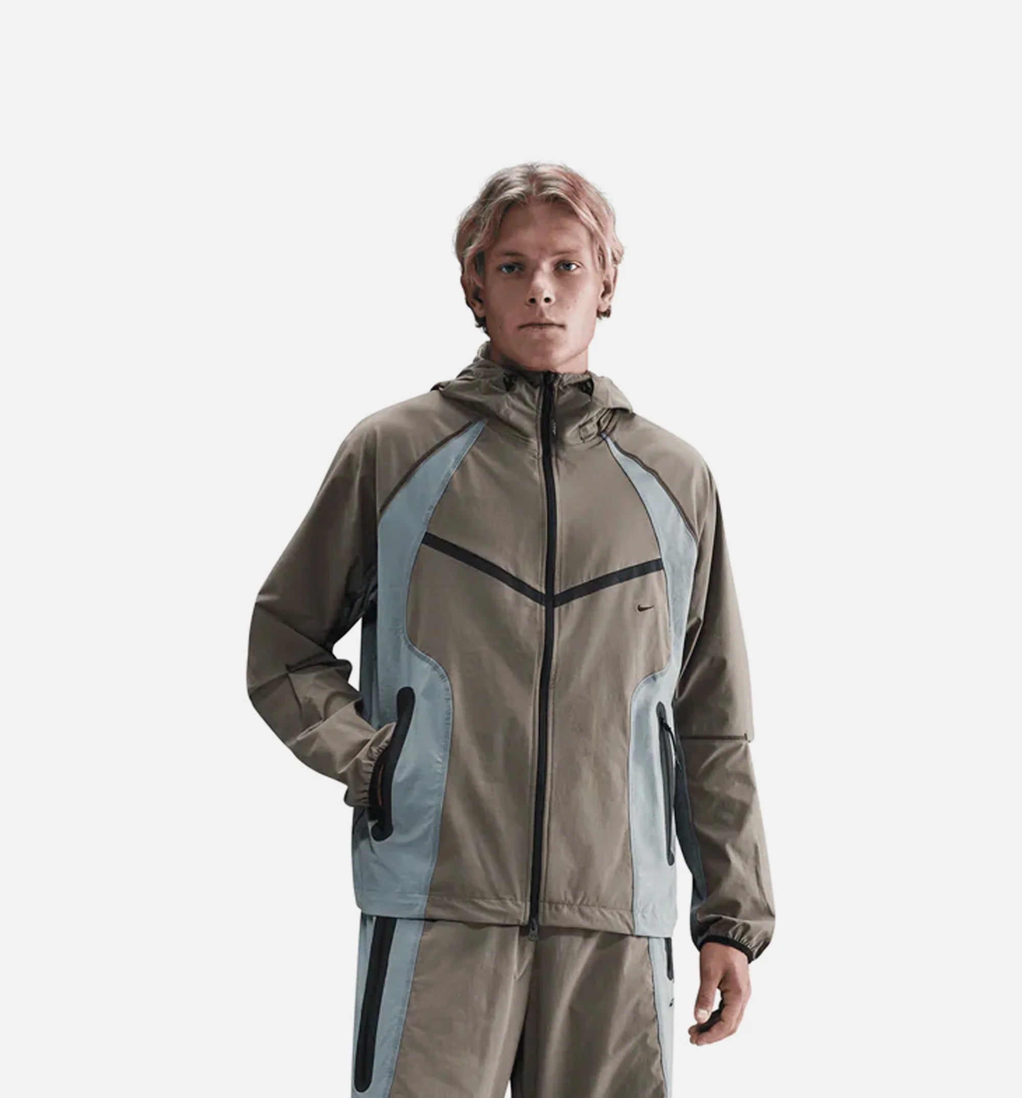 Tech Dri Fit Woven Color Block Windrunner Loose Mens Jacket Cave Stone Cool Grey Black
