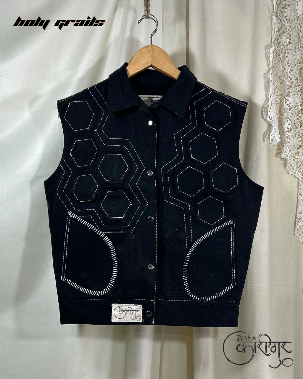 Just A Hexagon Black Denim Vest HG x Just A Karigar