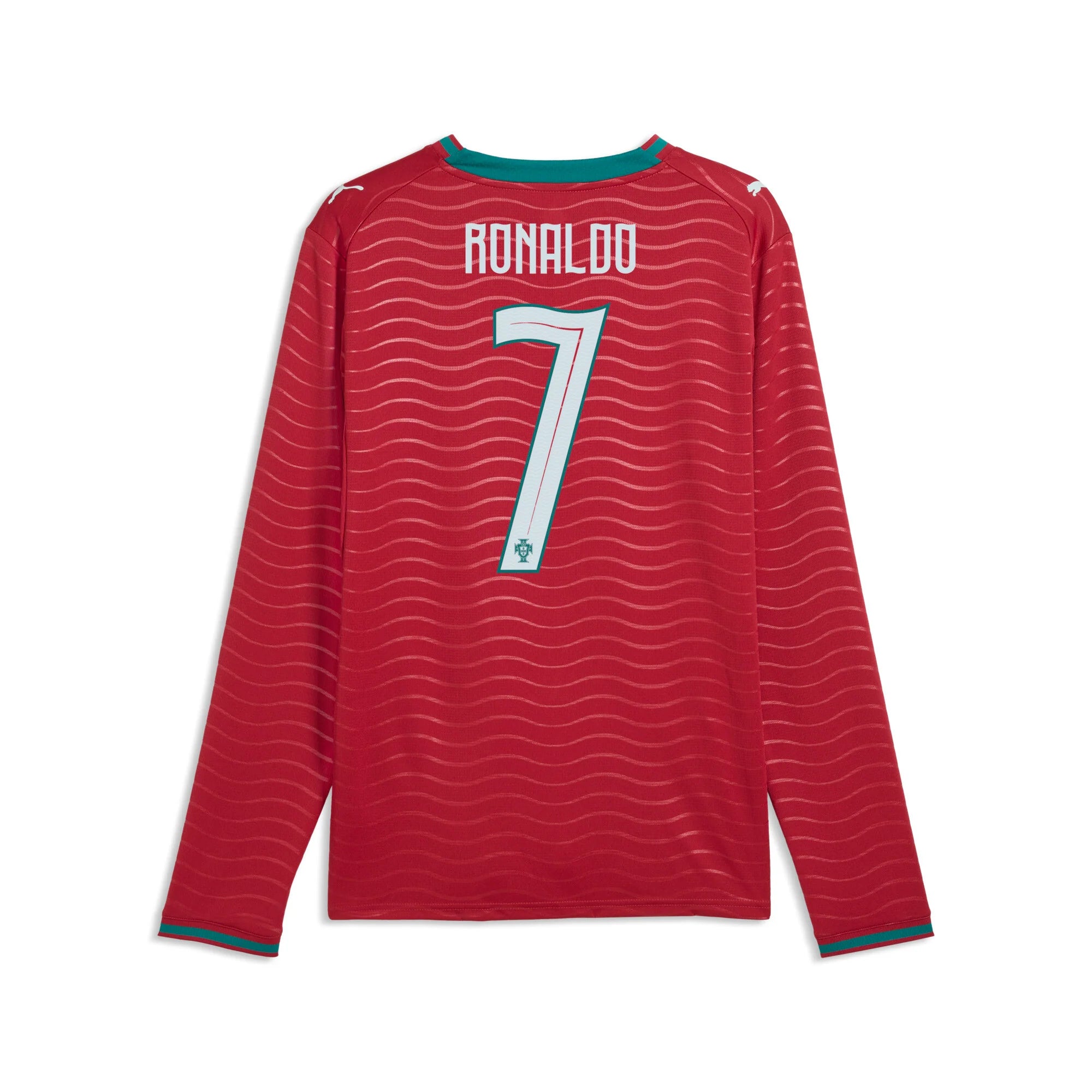 PUMA Portugal Home Long Sleeve Cristiano Ronaldo CR7 Mens Soccer Jersey Red Green Lagoon