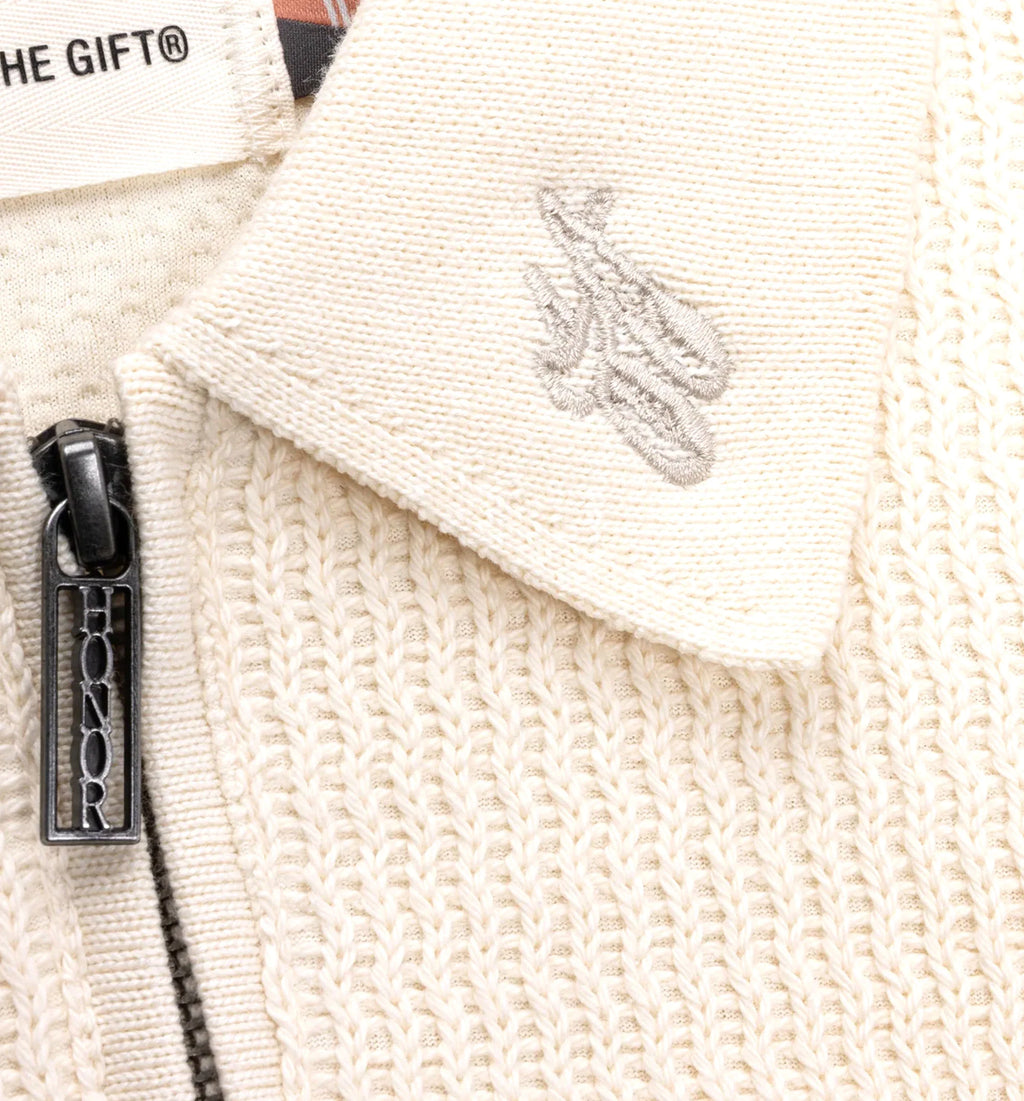 Wavy Knit Polo Mens Long Sleeve Bone
