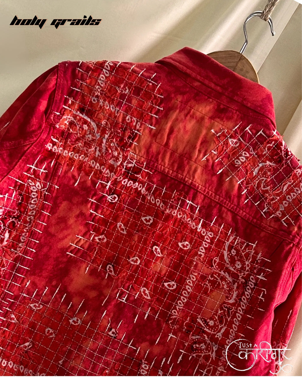 Just A Patchwork Red Denim Jacket HG x Just A Karigar
