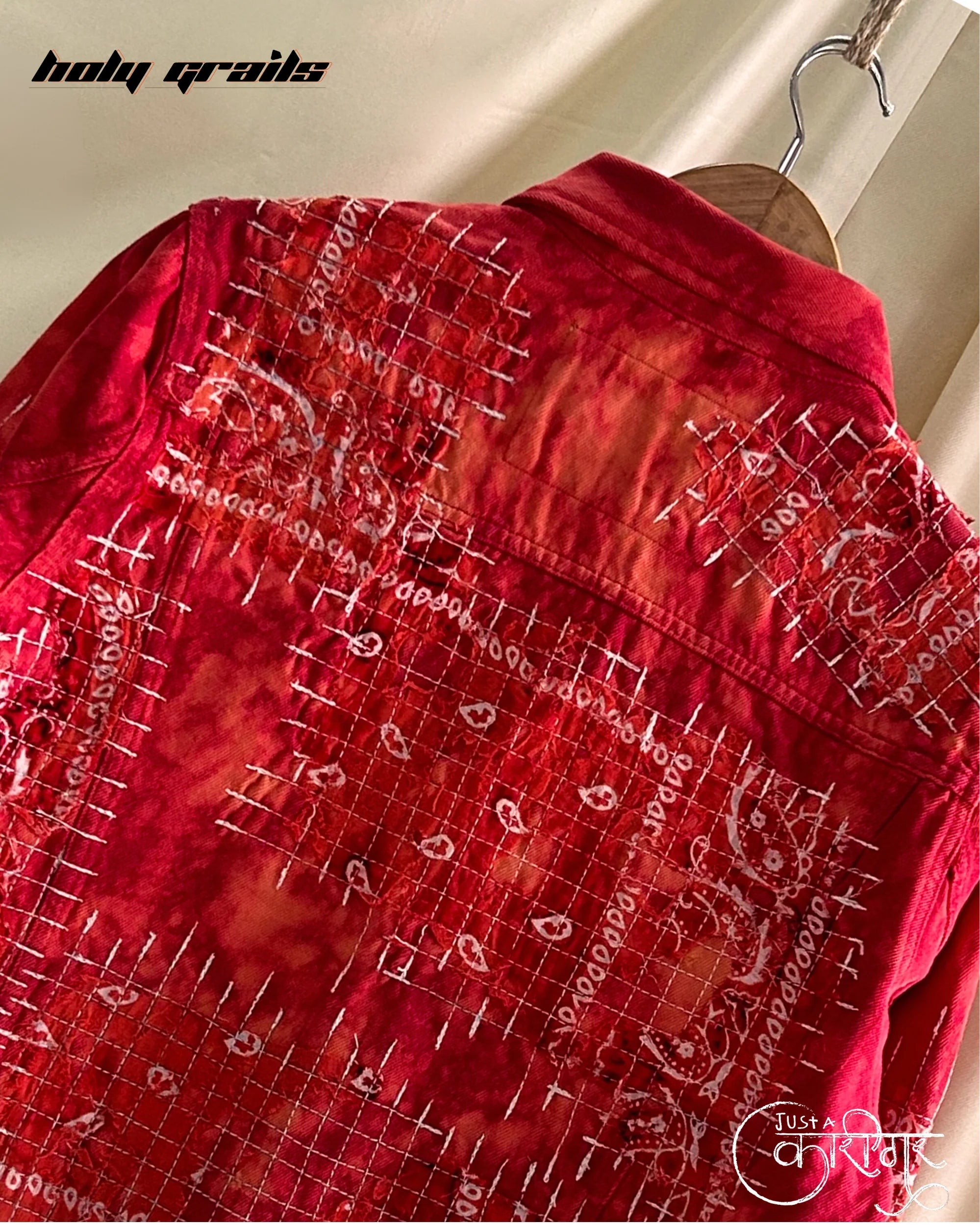 Just A Patchwork Red Denim Jacket HG x Just A Karigar
