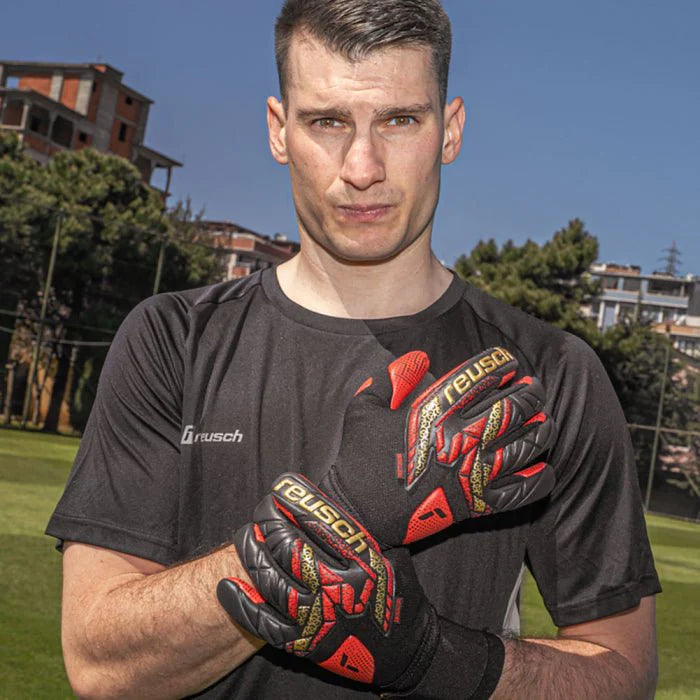 Reush Attrakt Gold X GluePrint Goalkeeper Gloves Black Gold Red