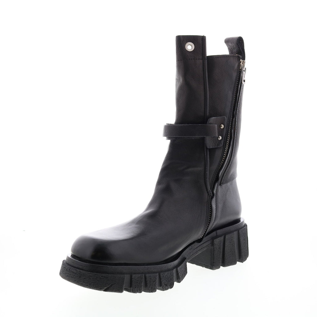 Hallsey A54202-101 Womens Black Leather Hook & Loop Mid Calf Boots