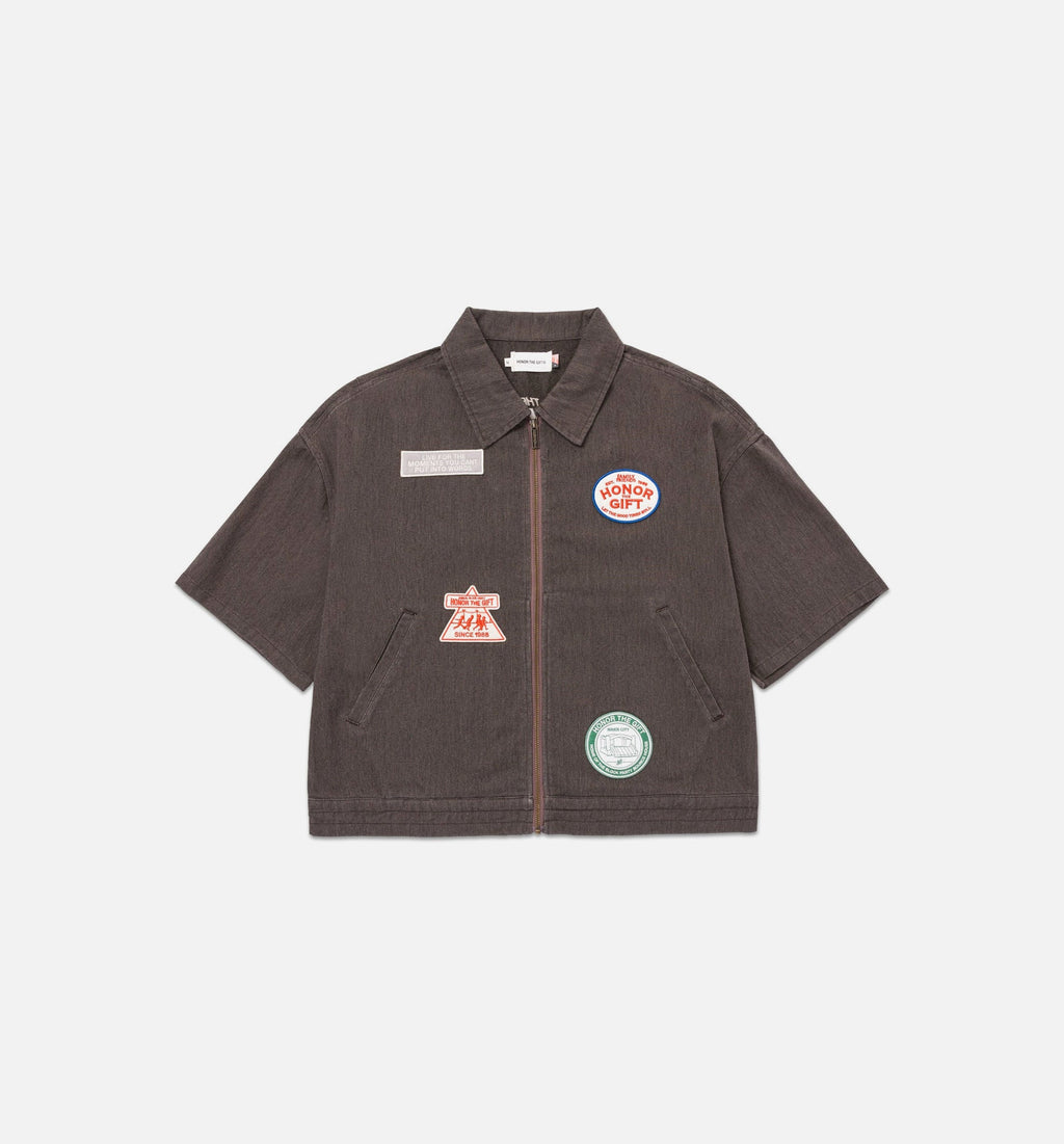 Twill Full Zip Mens Short Sleeve Shirt Black