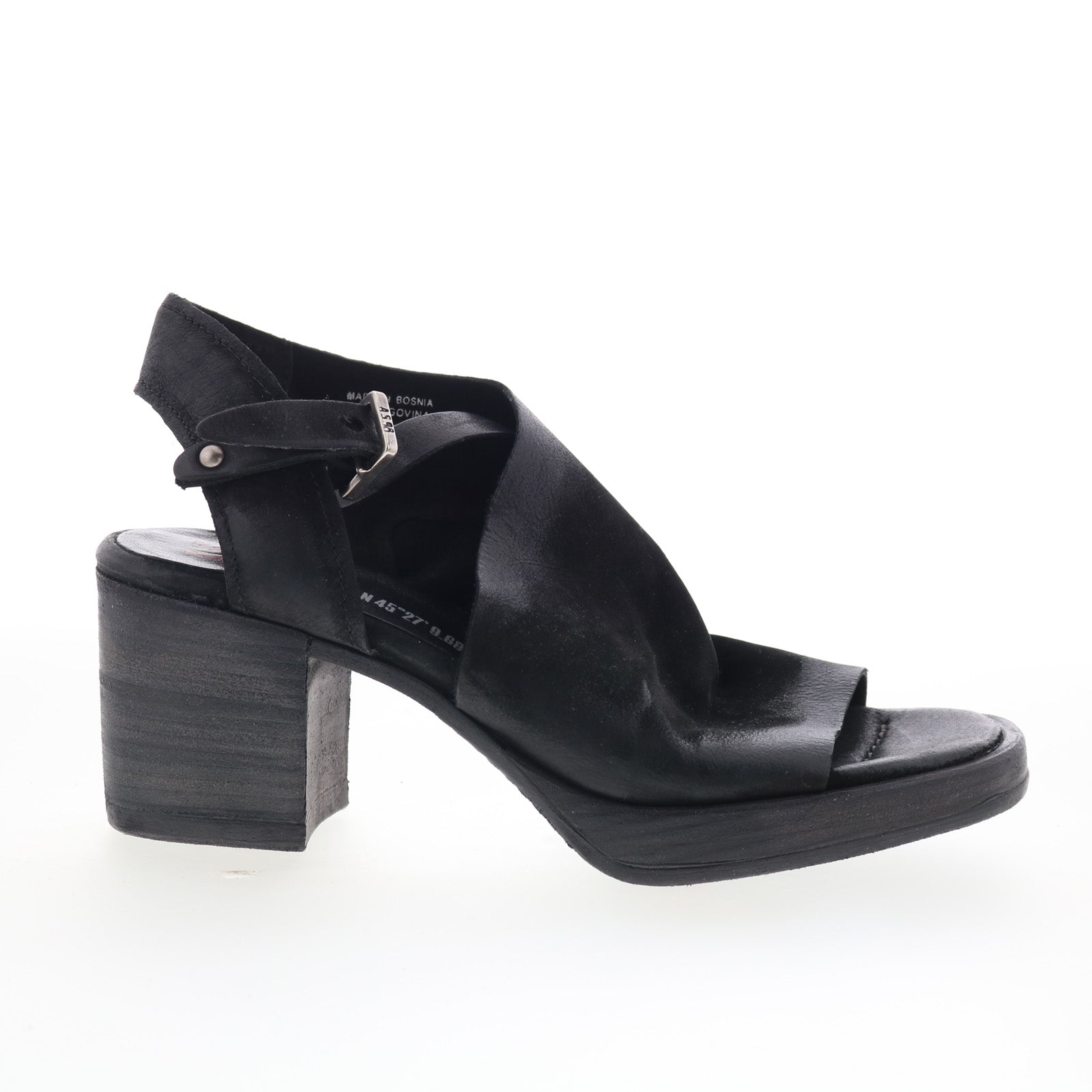 Aston Womens Black Leather Hook & Loop Heeled Sandals Shoes
