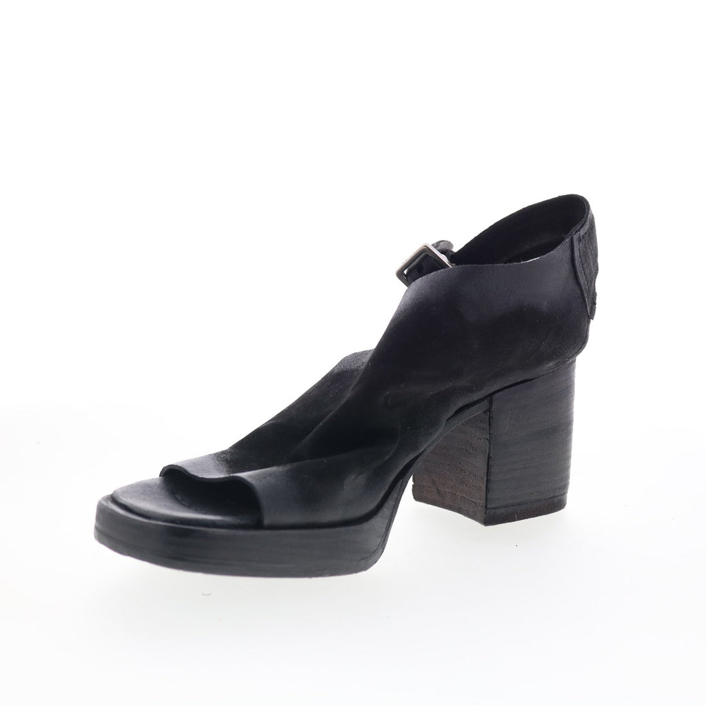Aston Womens Black Leather Hook & Loop Heeled Sandals Shoes