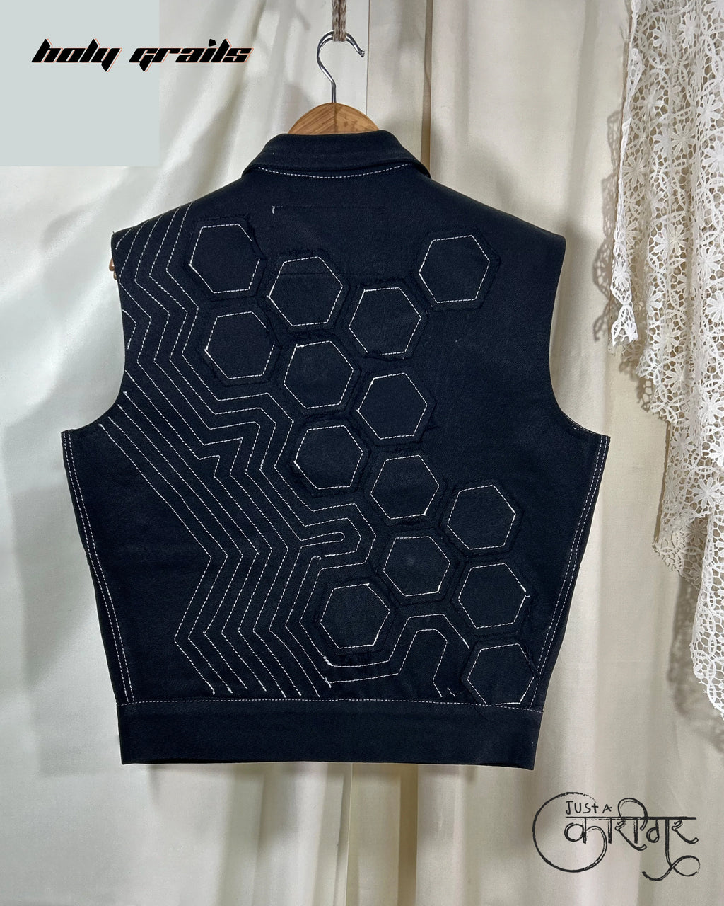 Just A Hexagon Black Denim Vest HG x Just A Karigar