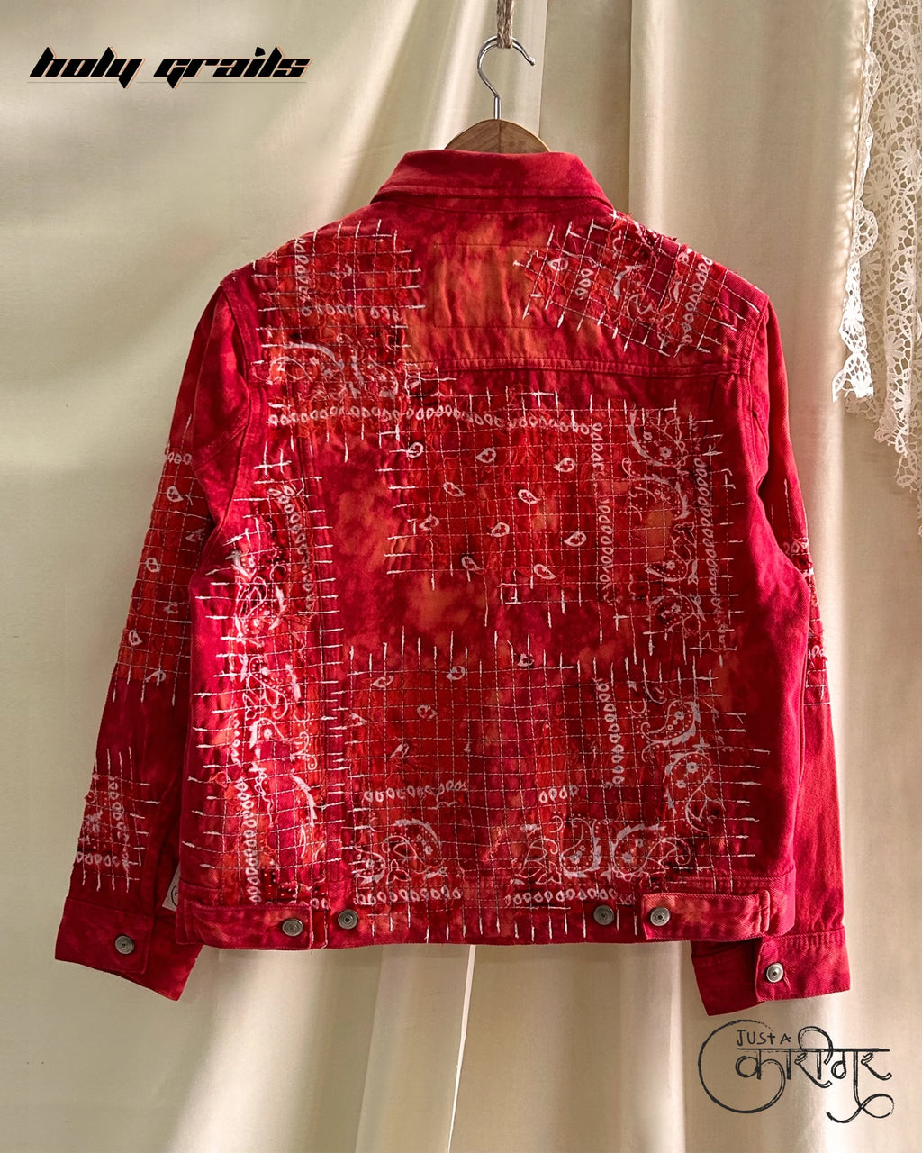 Just A Patchwork Red Denim Jacket HG x Just A Karigar