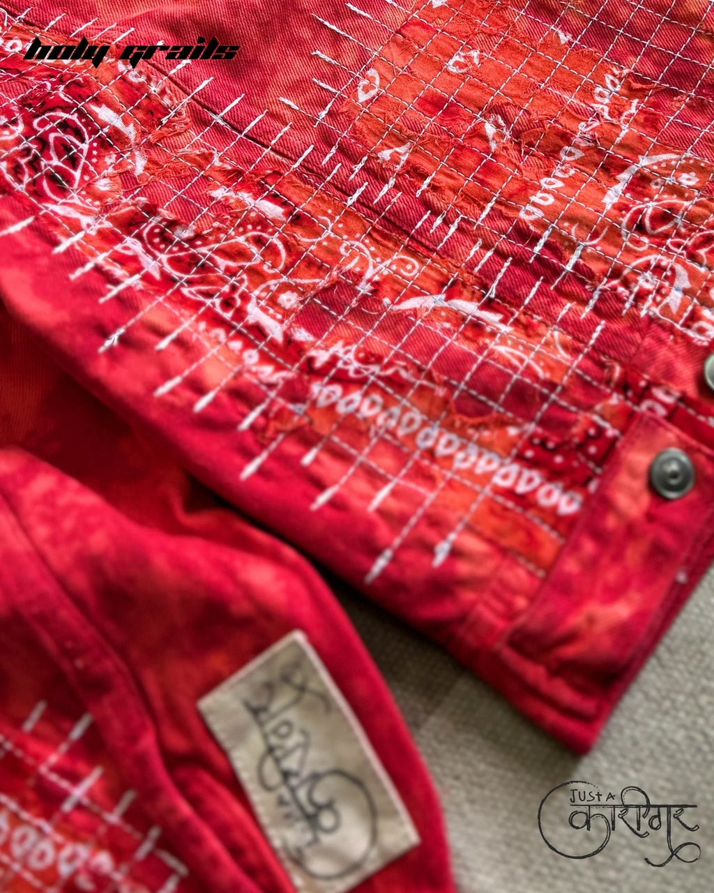 Just A Patchwork Red Denim Jacket HG x Just A Karigar