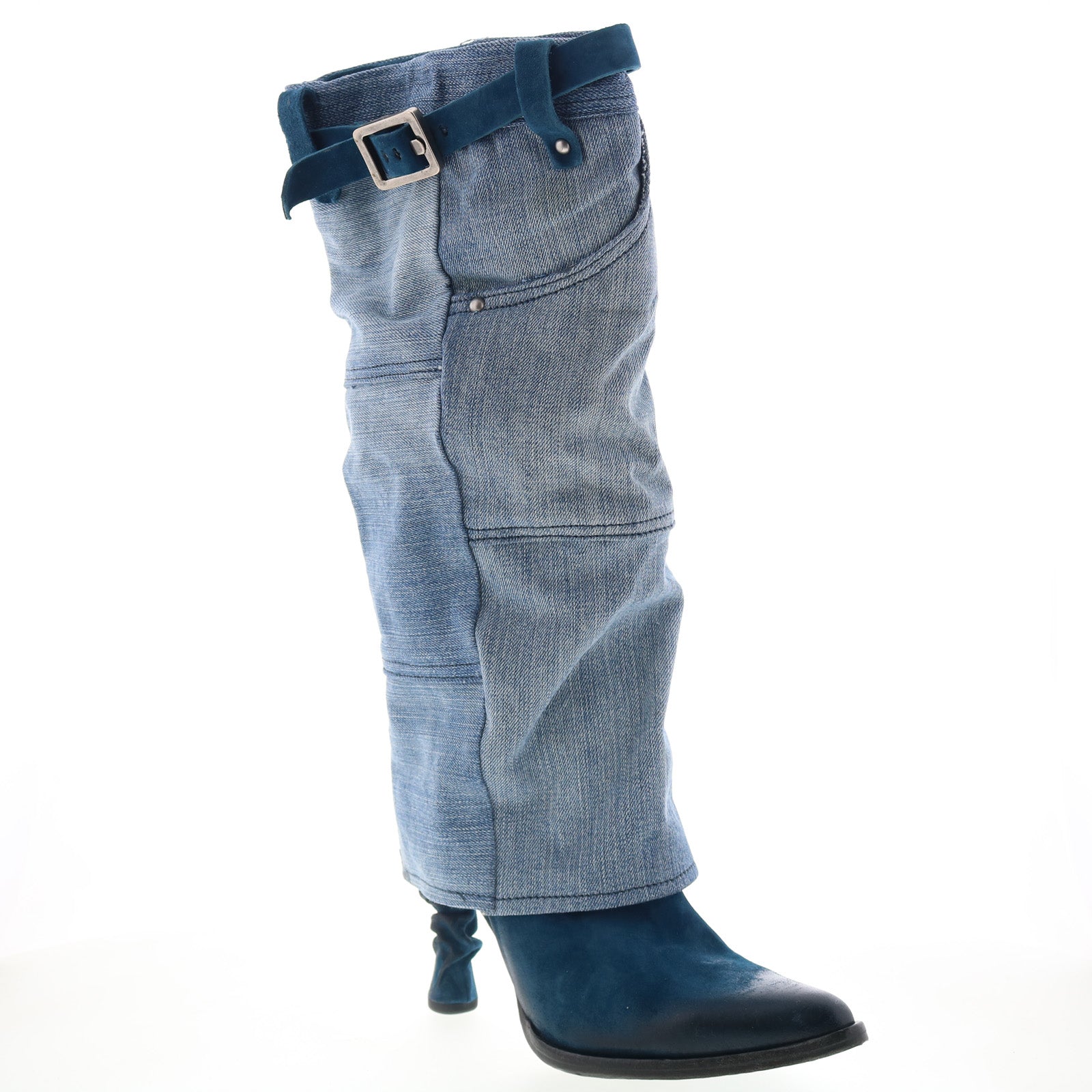Favro Womens Blue Canvas Zipper Knee High Boots
