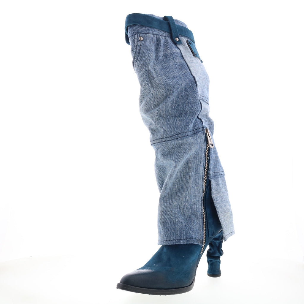 Favro Womens Blue Canvas Zipper Knee High Boots