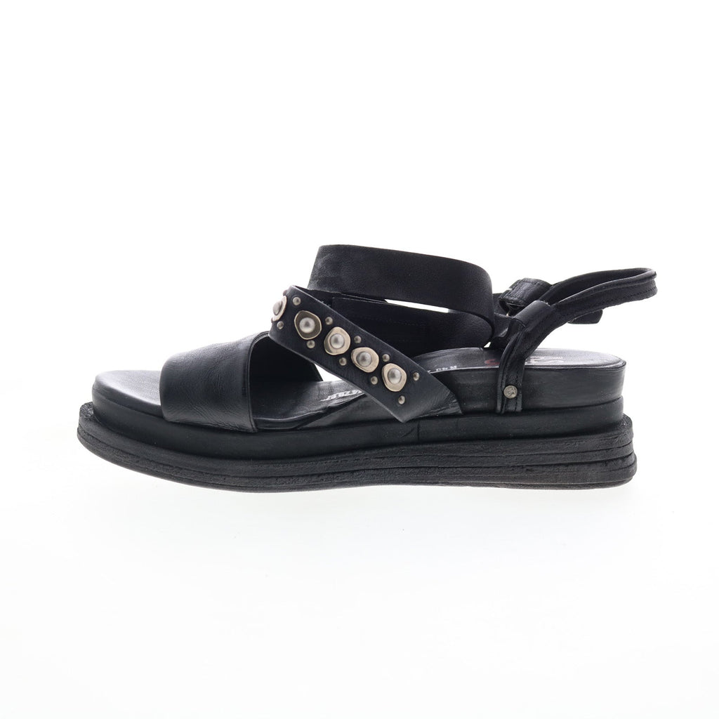 Larkie Womens Black Leather Hook & Loop Platform Sandals Shoes