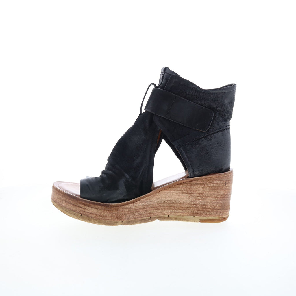 Naya Womens Black Leather Hook & Loop Wedges Sandals Shoes