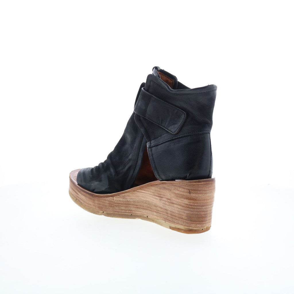 Naya Womens Black Leather Hook & Loop Wedges Sandals Shoes
