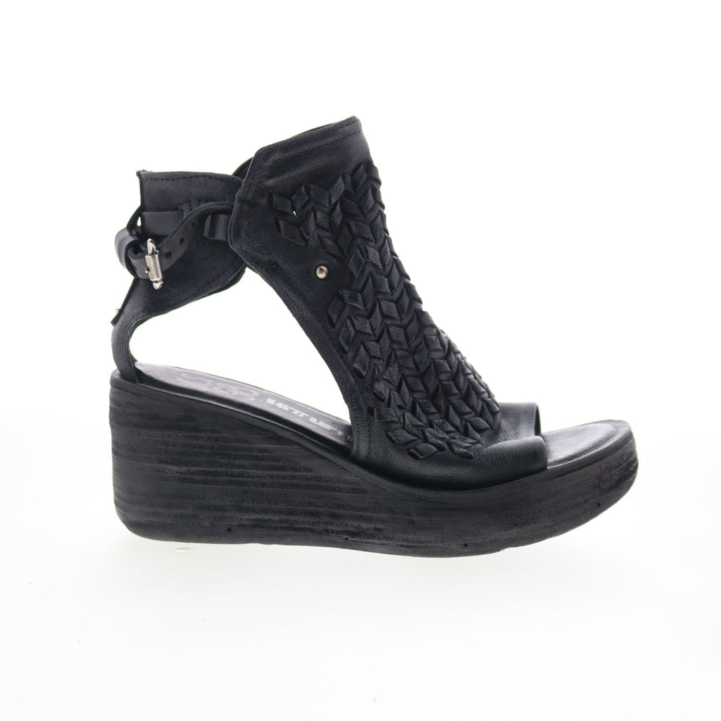 Newbury Womens Black Leather Hook & Loop Wedges Sandals Shoes