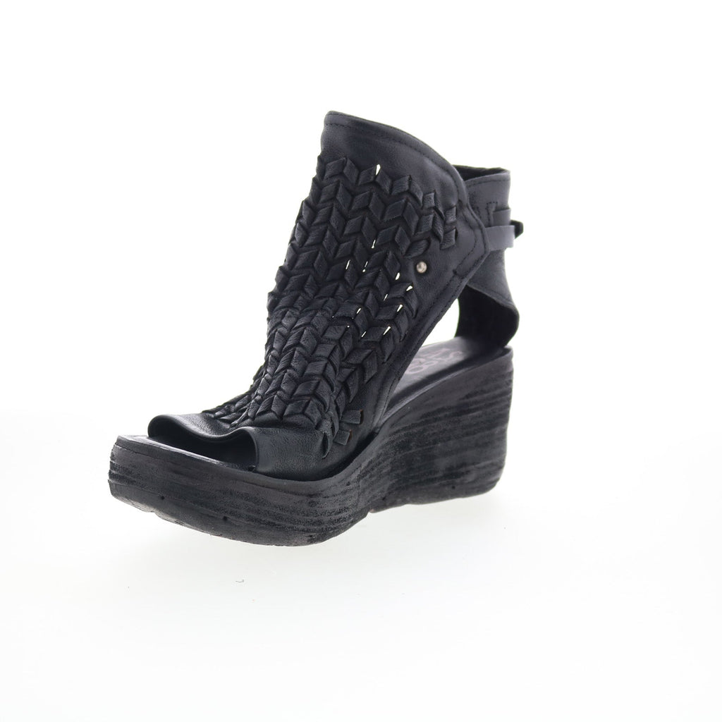 Newbury Womens Black Leather Hook & Loop Wedges Sandals Shoes