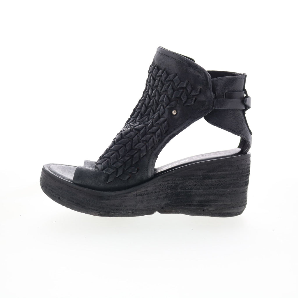 Newbury Womens Black Leather Hook & Loop Wedges Sandals Shoes