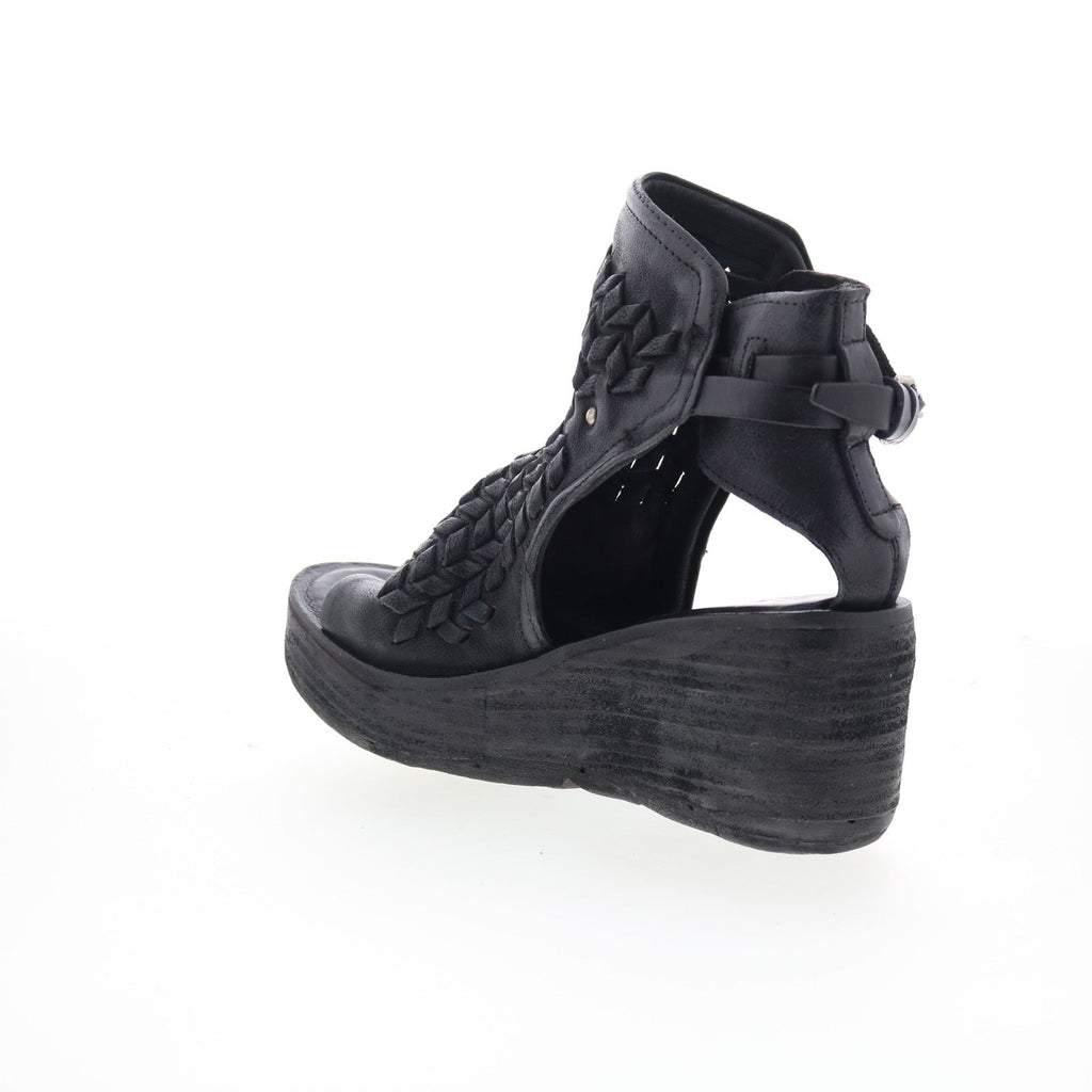 Newbury Womens Black Leather Hook & Loop Wedges Sandals Shoes