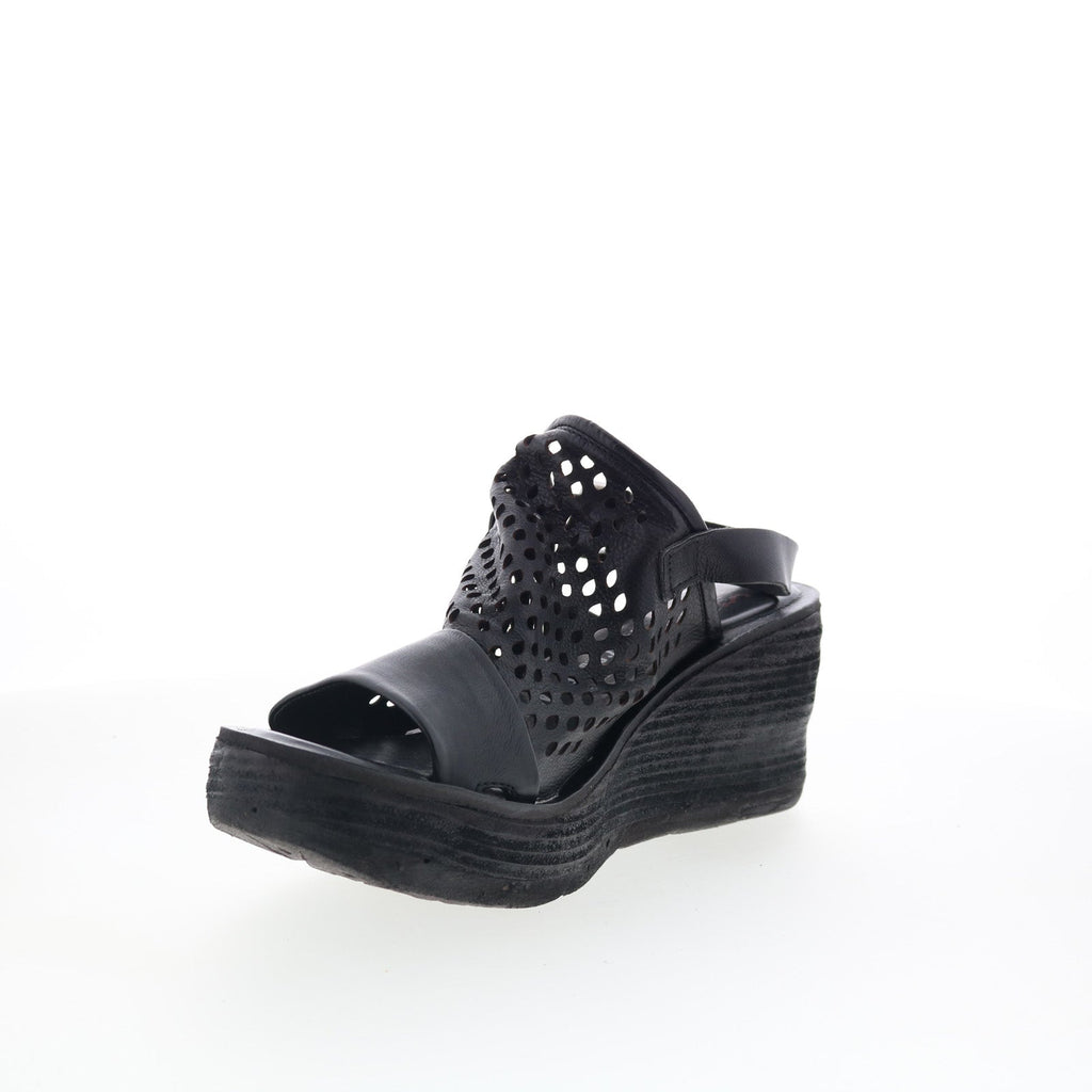 Normie Womens Black Leather Hook & Loop Wedges Sandals Shoes