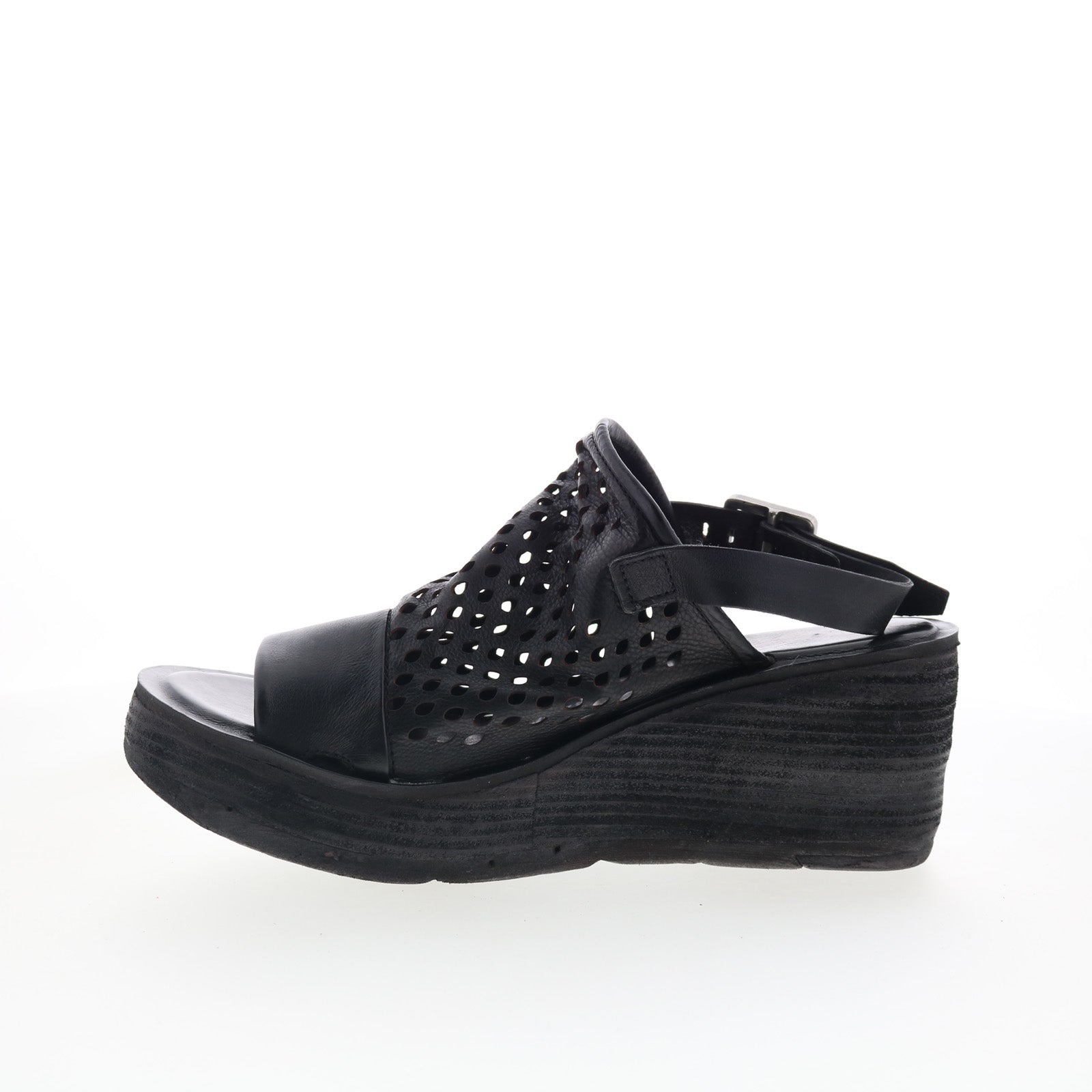 Normie Womens Black Leather Hook & Loop Wedges Sandals Shoes